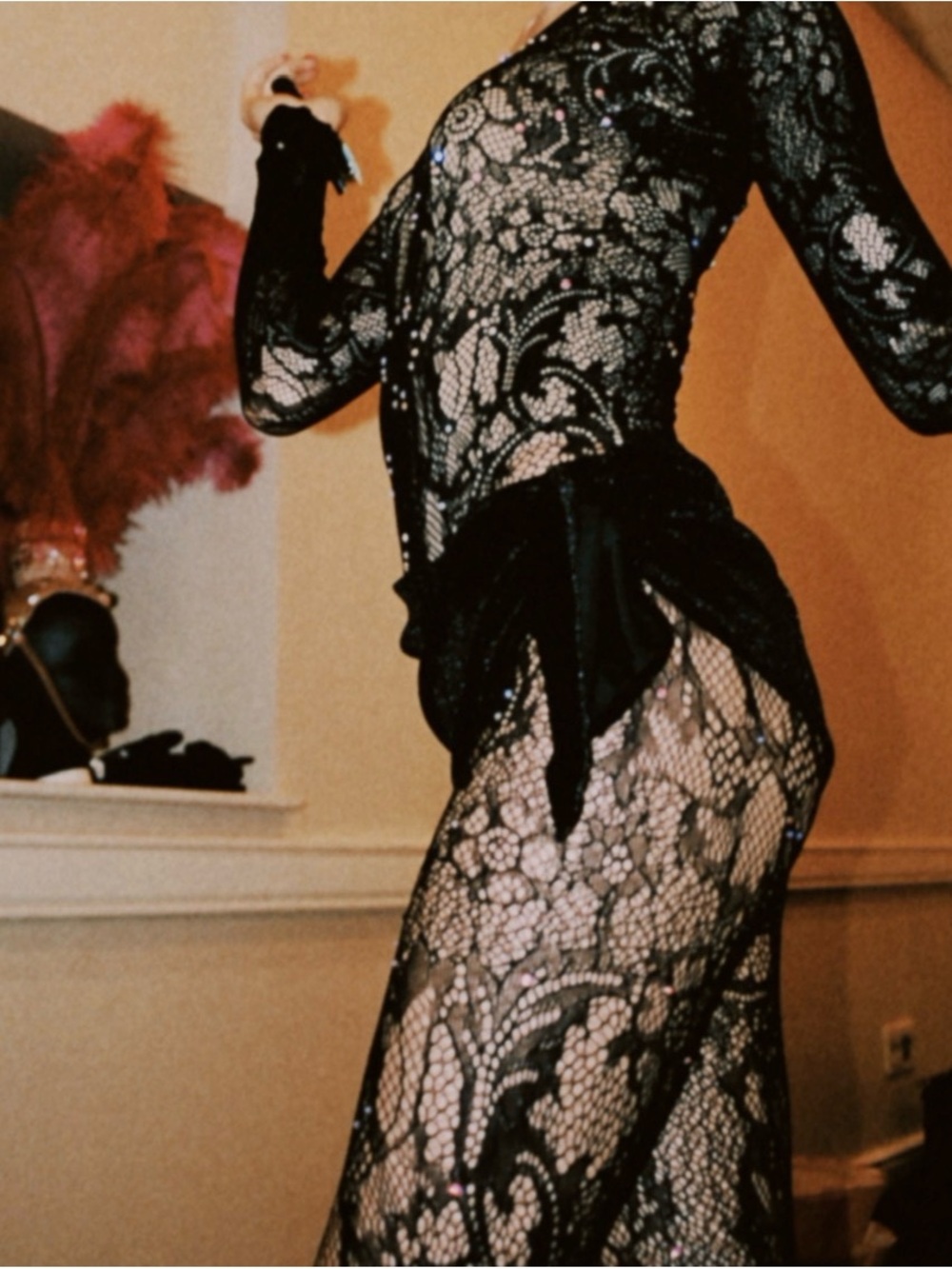 Natori Black Sheer Lace Bodysuit w added rhinestone! Used it for a performance